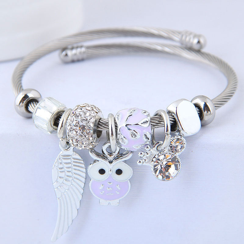 DIY Beaded Owl Angel Wings Pendant Stainless Steel Bracelet Pure Ember