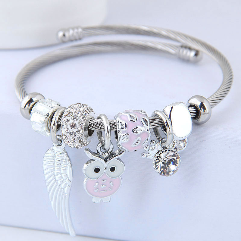 DIY Beaded Owl Angel Wings Pendant Stainless Steel Bracelet Pure Ember pandora style