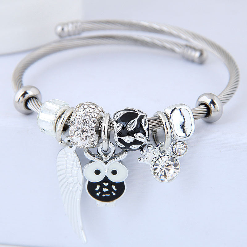 DIY Beaded Owl Angel Wings Pendant Stainless Steel Bracelet Pure Ember