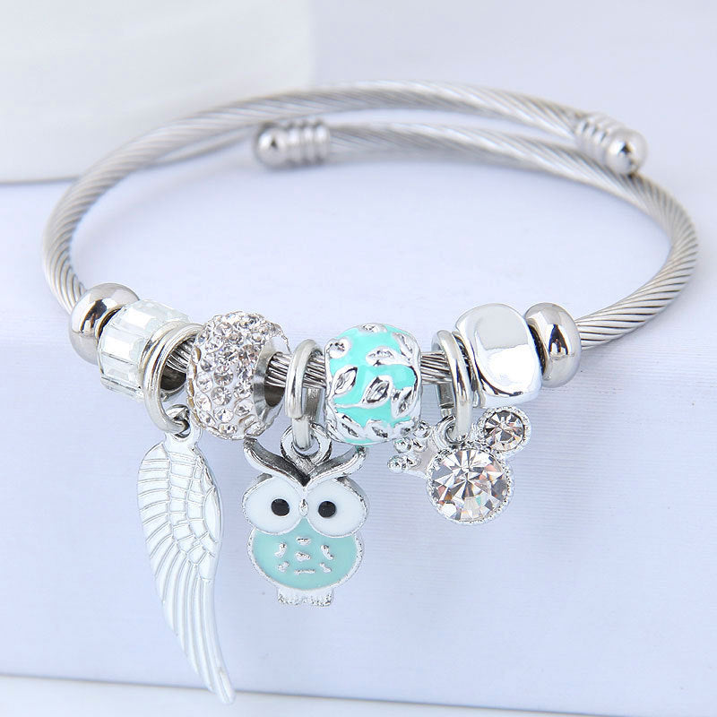 DIY Beaded Owl Angel Wings Pendant Stainless Steel Bracelet Pure Ember