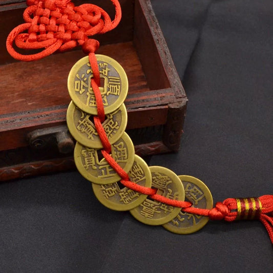 Money Luck Wealth Success 5 Or 6 Copper Coins Chinese Knot Red Rope Feng Shui