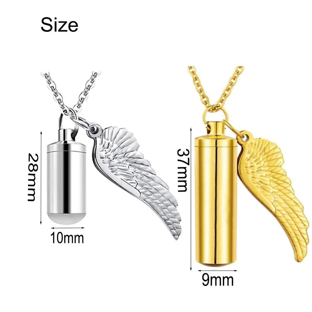 Cylinder Cremation Urn Necklace for Ashes with Angel Wing black