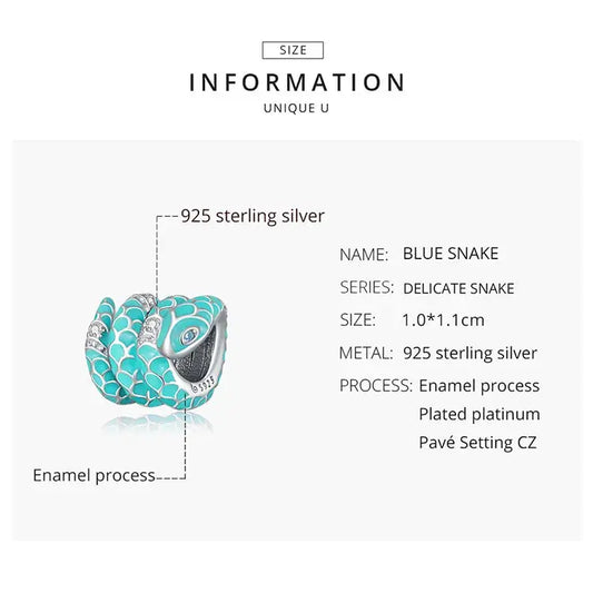 925 Sterling Silver blue snake charm with a dragon pattern