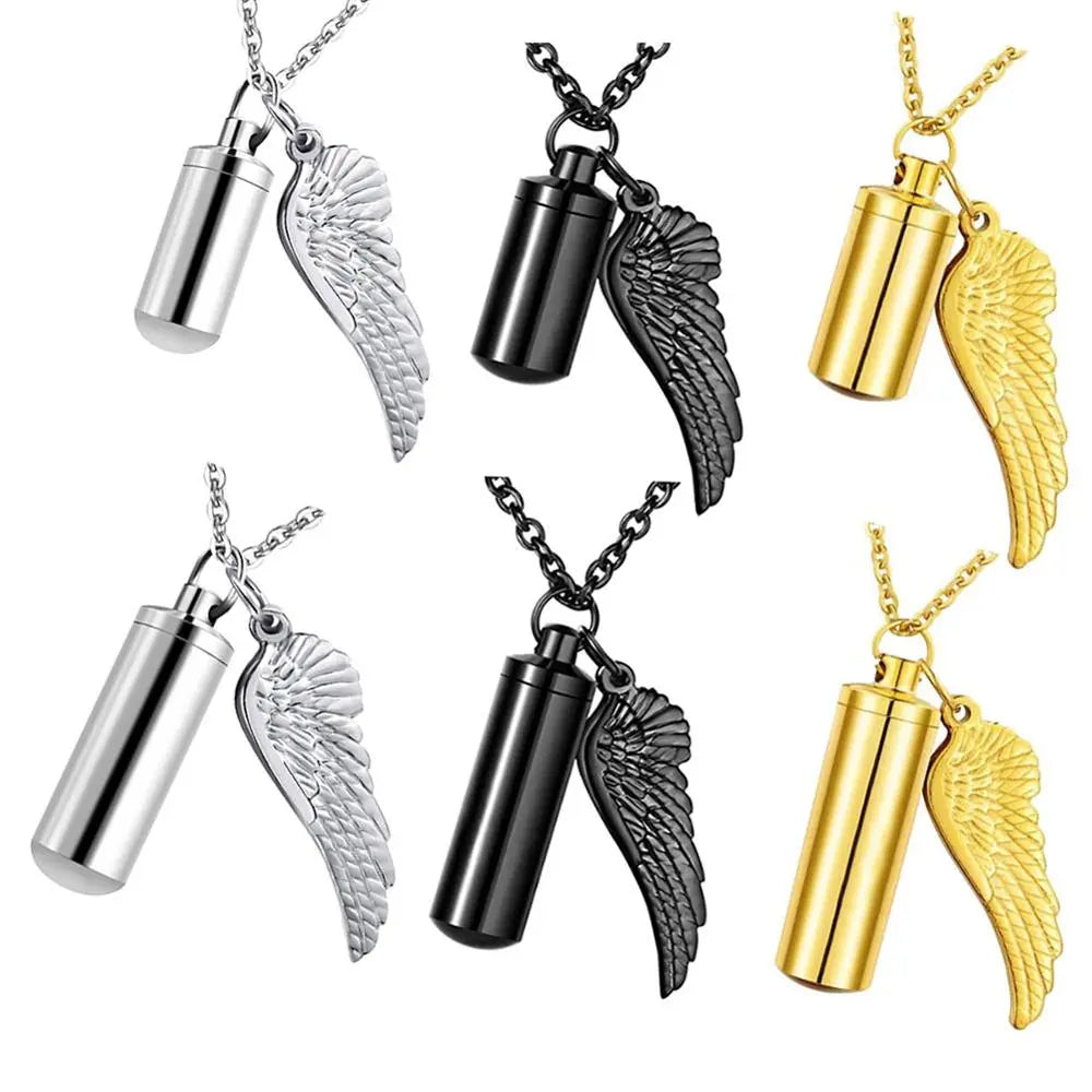 Cylinder Cremation Urn Necklace for Ashes with Angel Wing black gold and silver