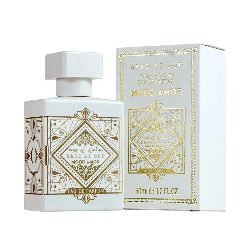 Eau de Parfum bottle and packaging with gold decorative elements on a white background