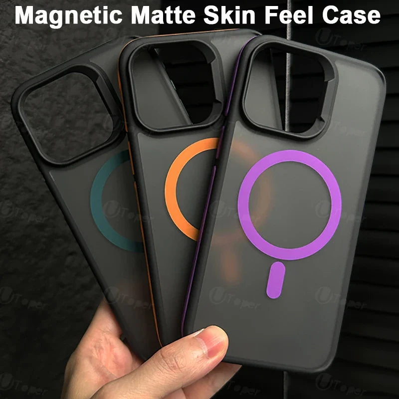 Three magnetic matte skin feel cases held by a hand on a dark background