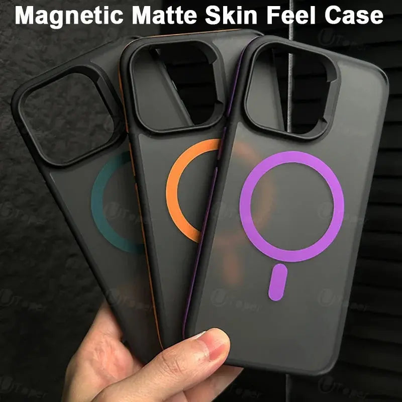 Three magnetic matte skin feel cases held by a hand on a dark background