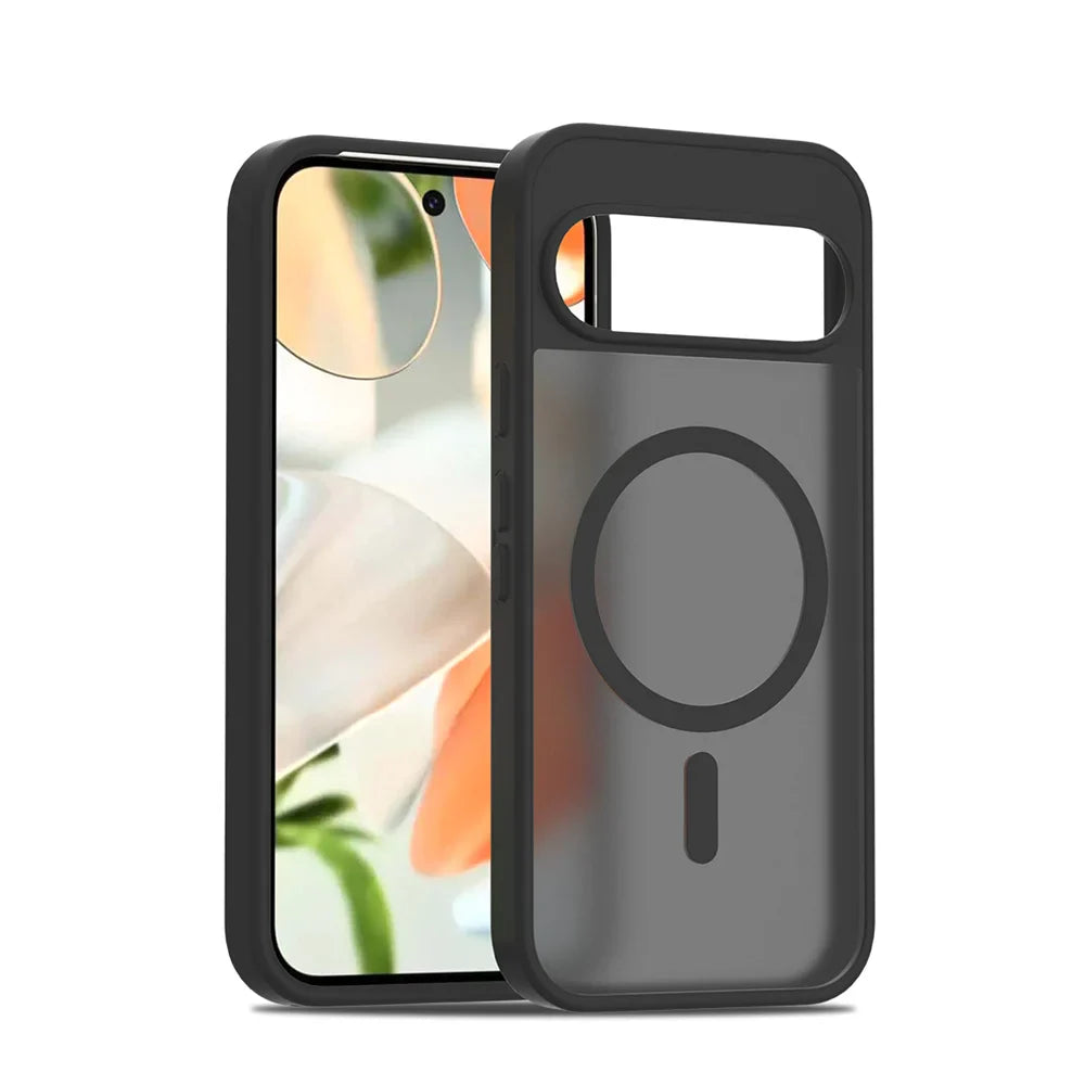 Black phone case with a magnetic design on a white background