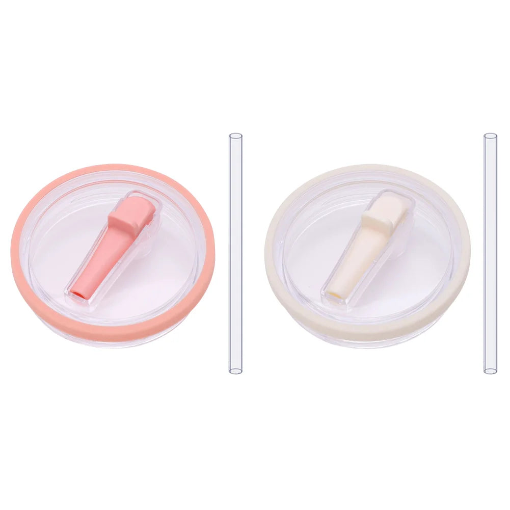 Peach and beige flip straw lids with clear straws, reusable 40 oz tumbler lid replacements for Stanley Quencher