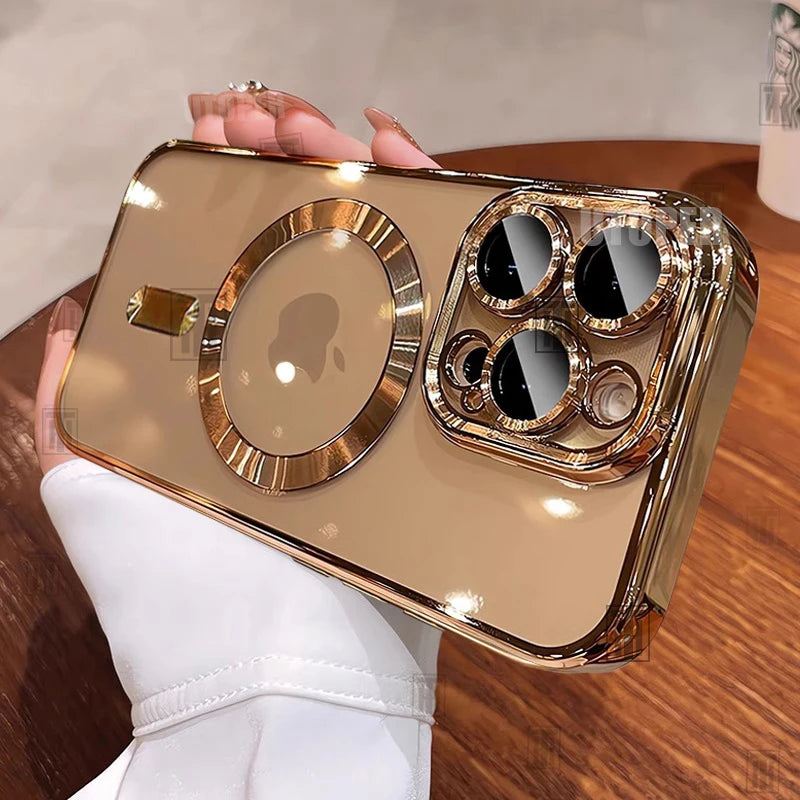 Gold clutch bag with reflective surface held by a person wearing white gloves.