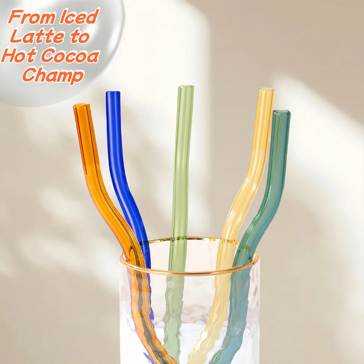 Colorful 4Pcs Wavy Glass Straws Shatter-Resistant in a glass cup, highlighting their durability and suitability for hot and cold beverages.