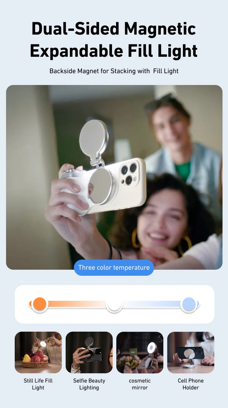 Dual-sided magnetic expandable fill light with a smartphone attachment, used for photography and videography.