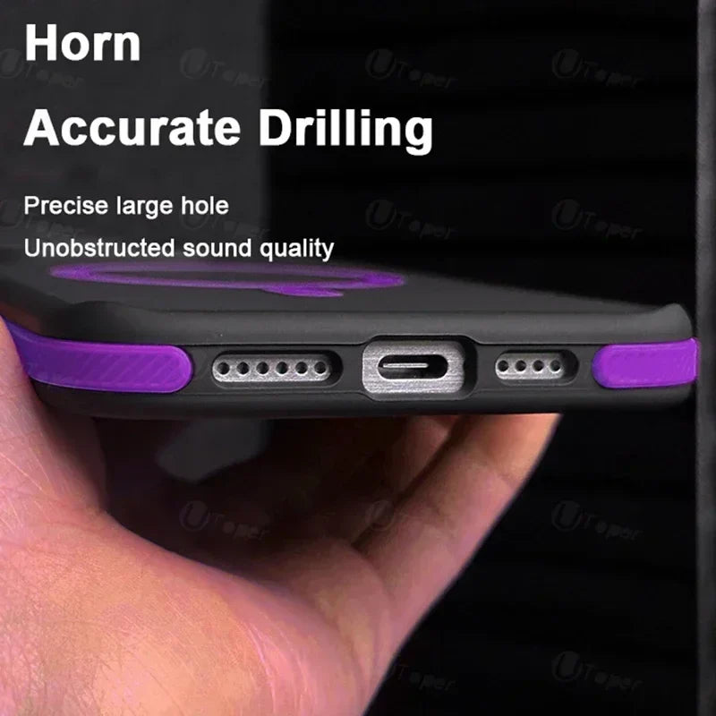 Phone case with purple accents held in a hand, highlighting drilling accuracy.