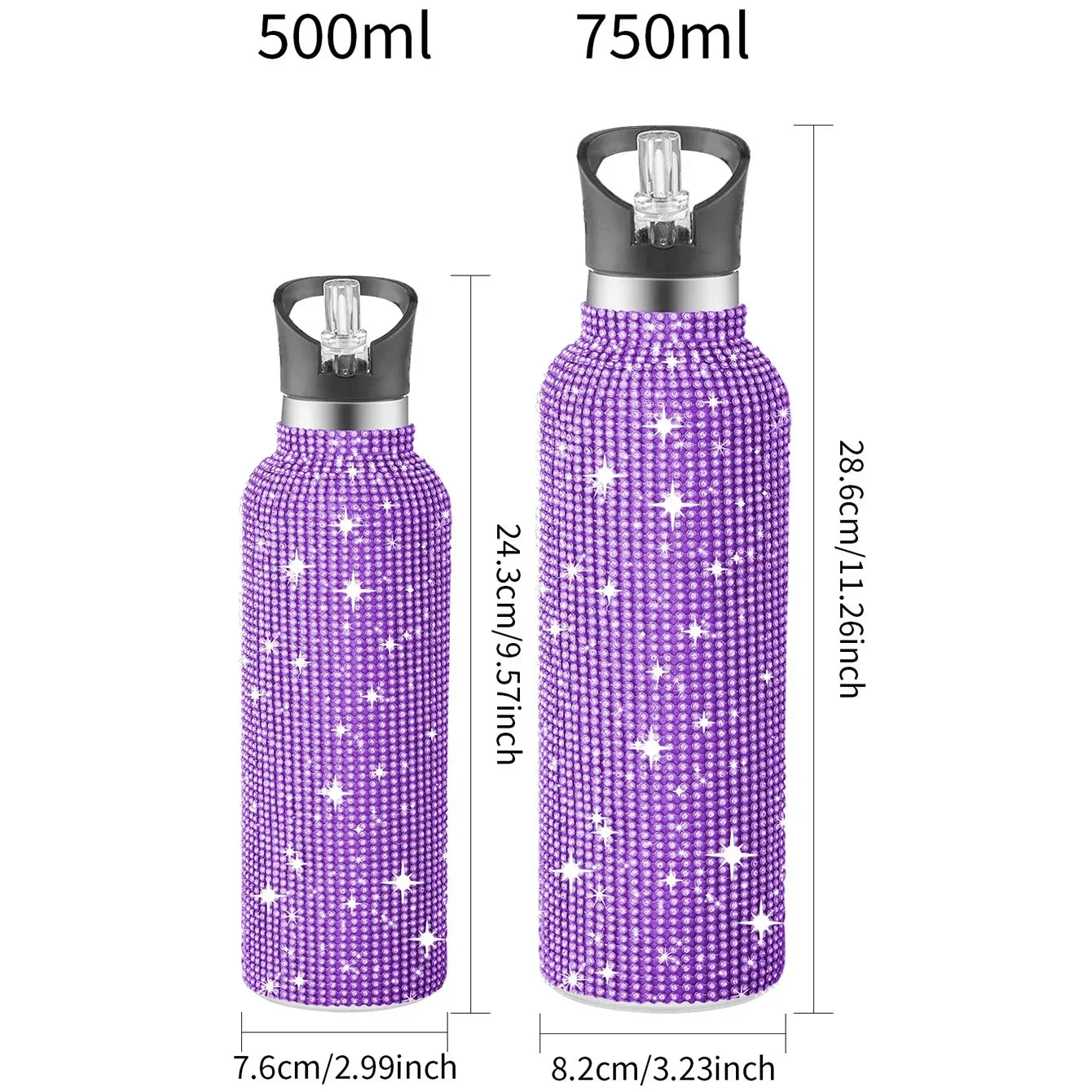 Two purple water bottles with star patterns and measurements on a white background