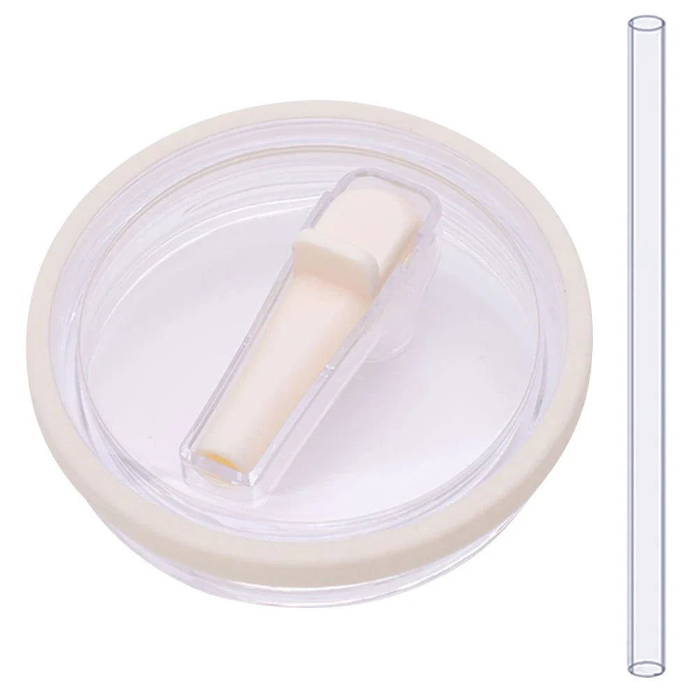 Beige flip straw lid with clear straw, reusable 40 oz tumbler lid replacement compatible with Stanley Quencher