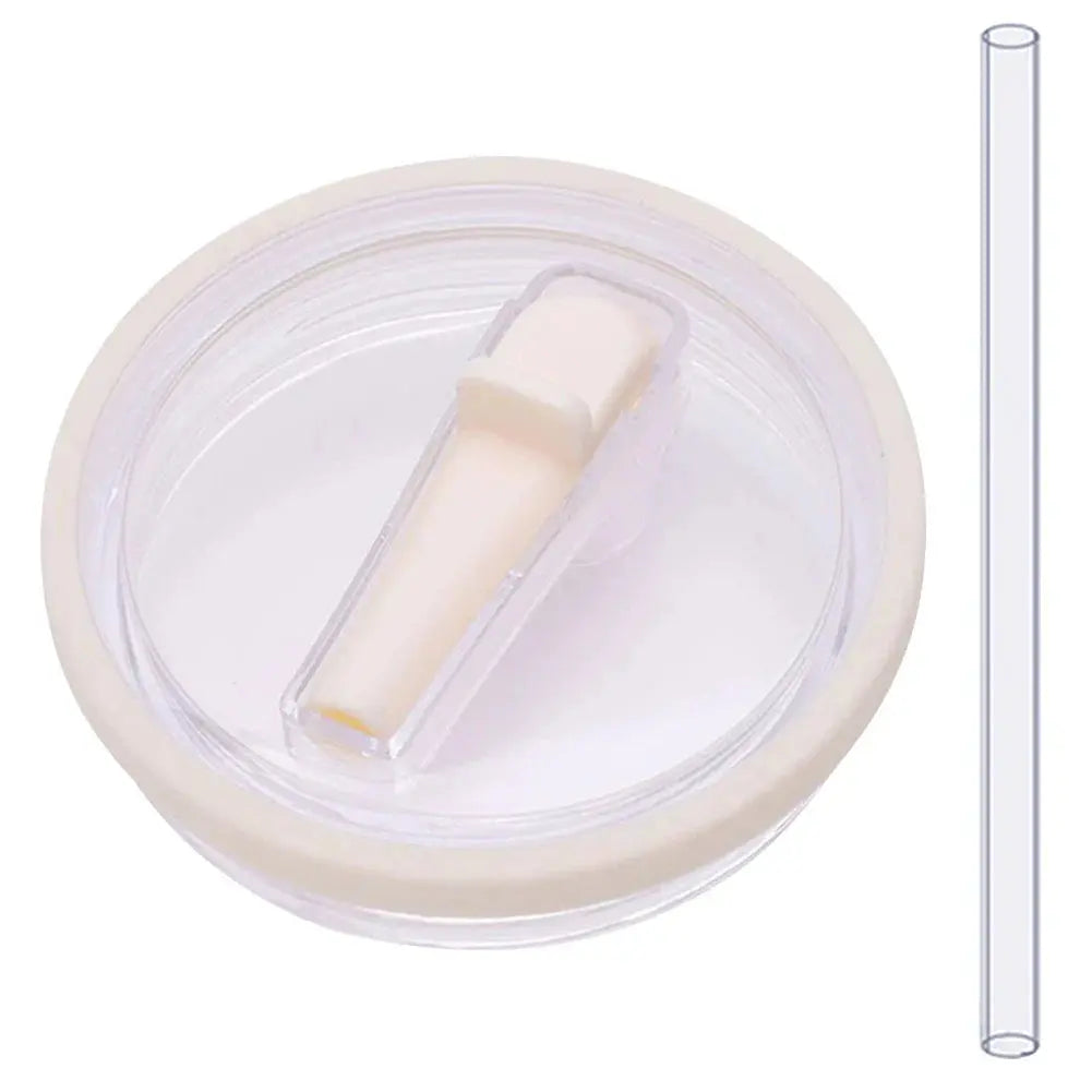 Beige flip straw lid with clear straw, reusable 40 oz tumbler lid replacement compatible with Stanley Quencher