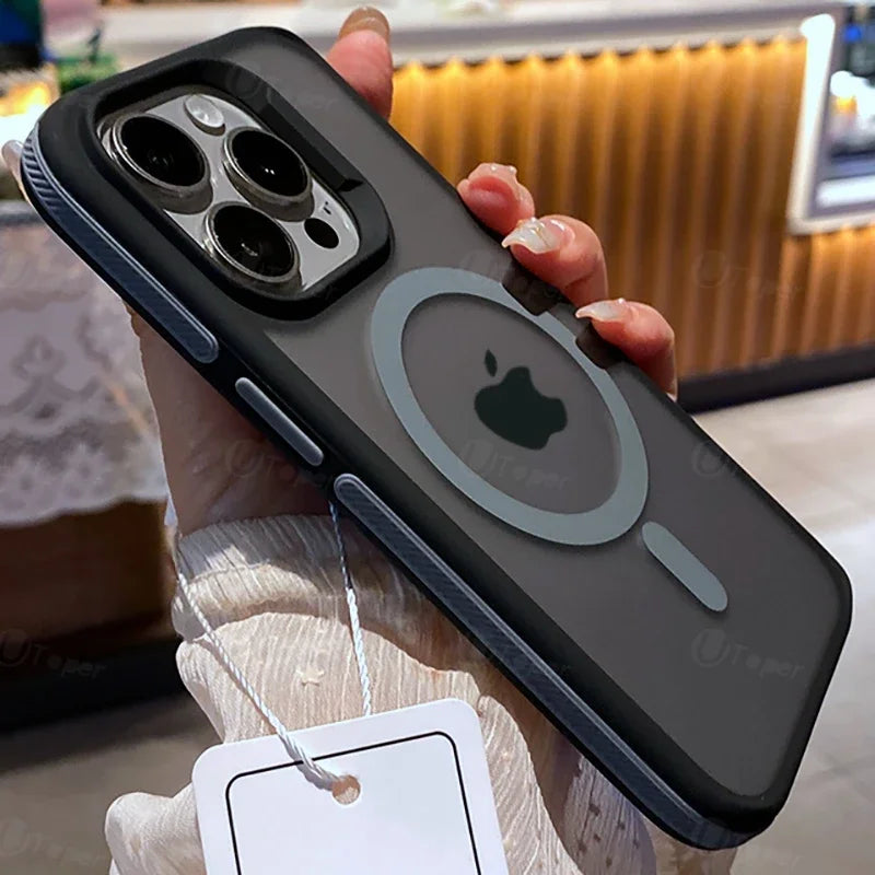 Phone case with Apple logo held by a person, blurred background