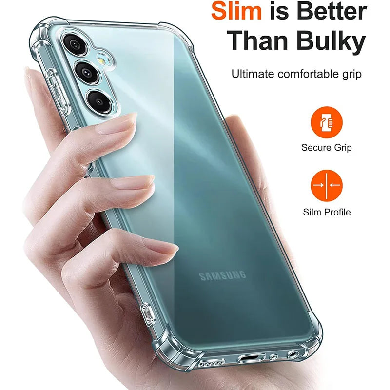 Hand holding a Samsung phone with a clear case, emphasizing 'Slim is Better Than Bulky' text.