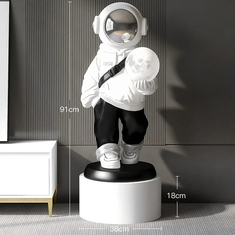 Large Astronaut Statue Floor Ornament Moon Sensor Lamp with stand black and white unisex space man