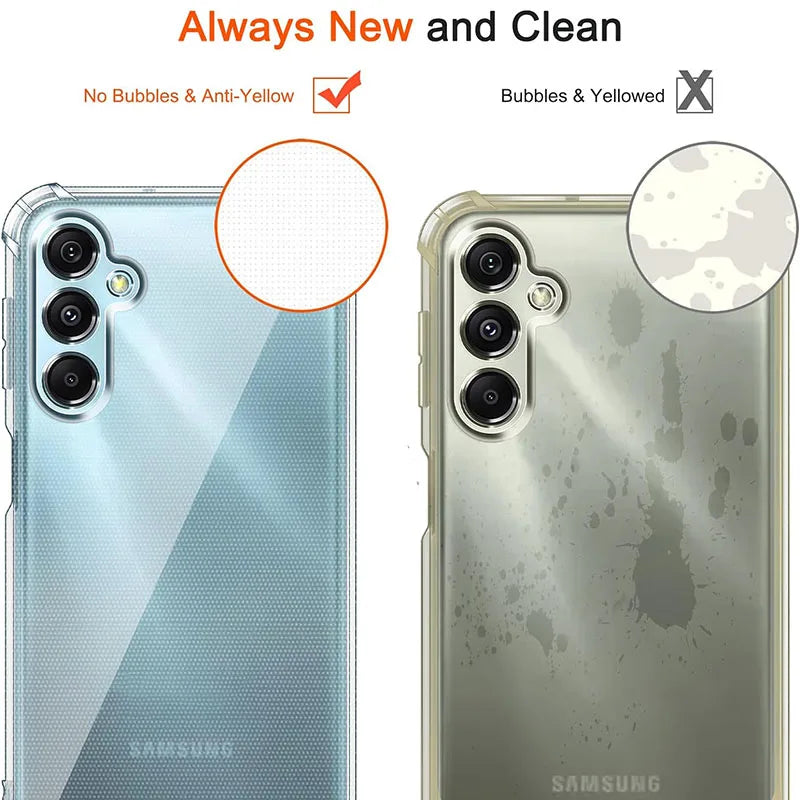 Samsung phone case comparison with and without screen protector, showing 'No Bubbles & Anti-Yellow' and 'Bubbles & Yellowed' effects.