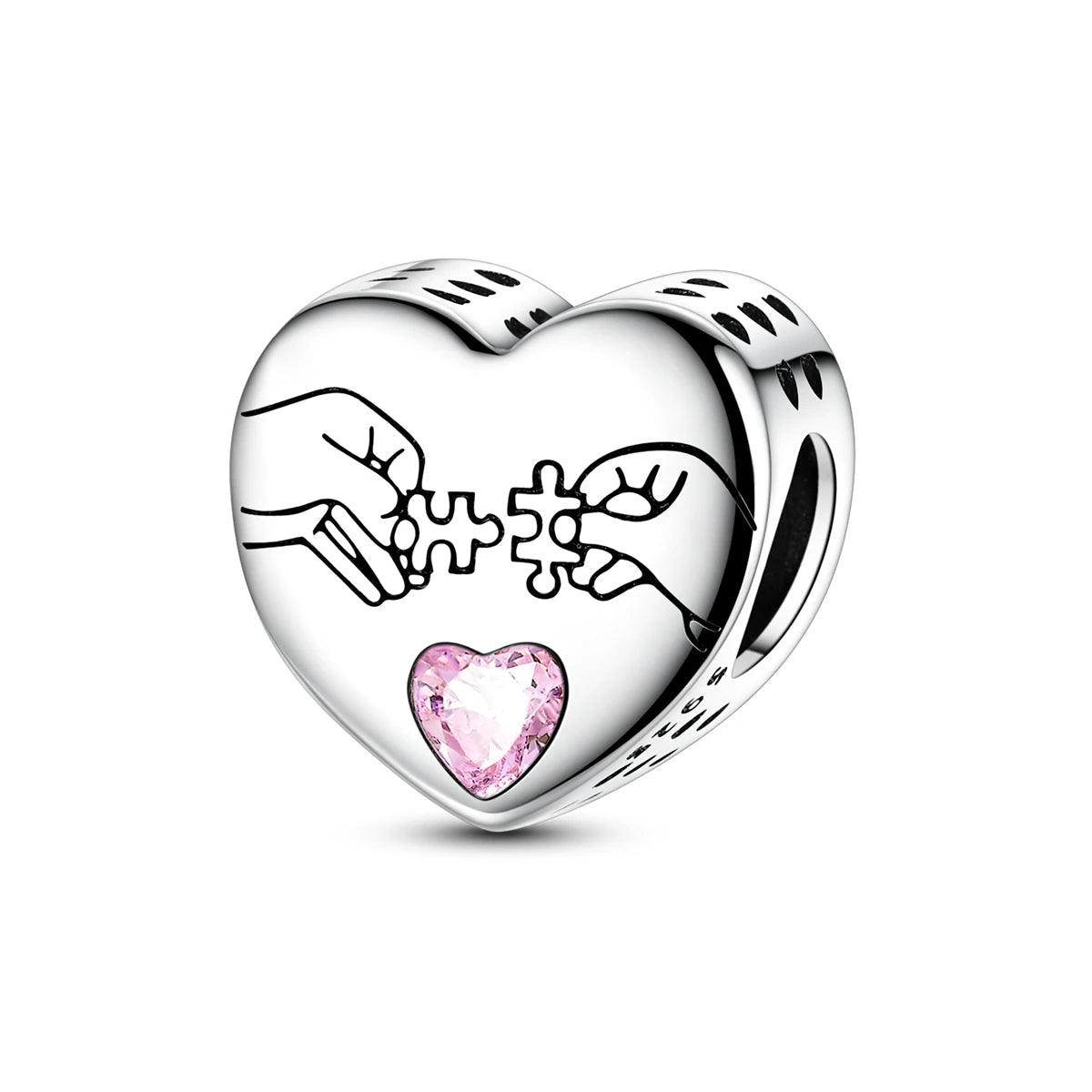 Heart-shaped silver charm with pink heart and interlocking hands on a white background. pandora style