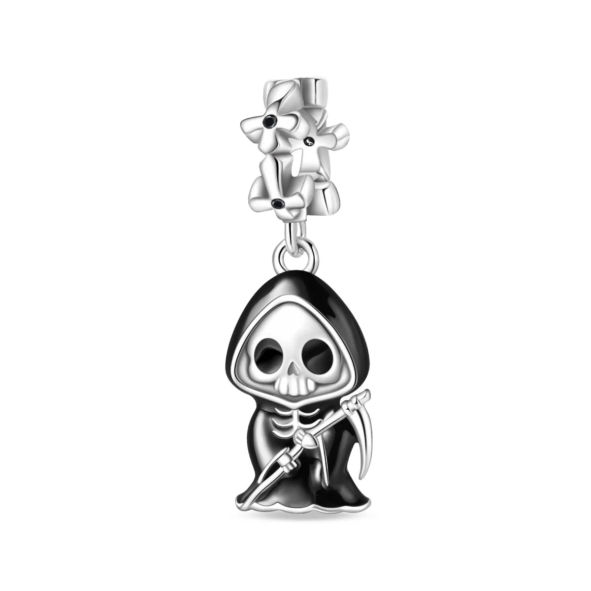 Skeleton charm with a grim reaper on a white background. pandora style charm pendant. Gothic style, halloween theme