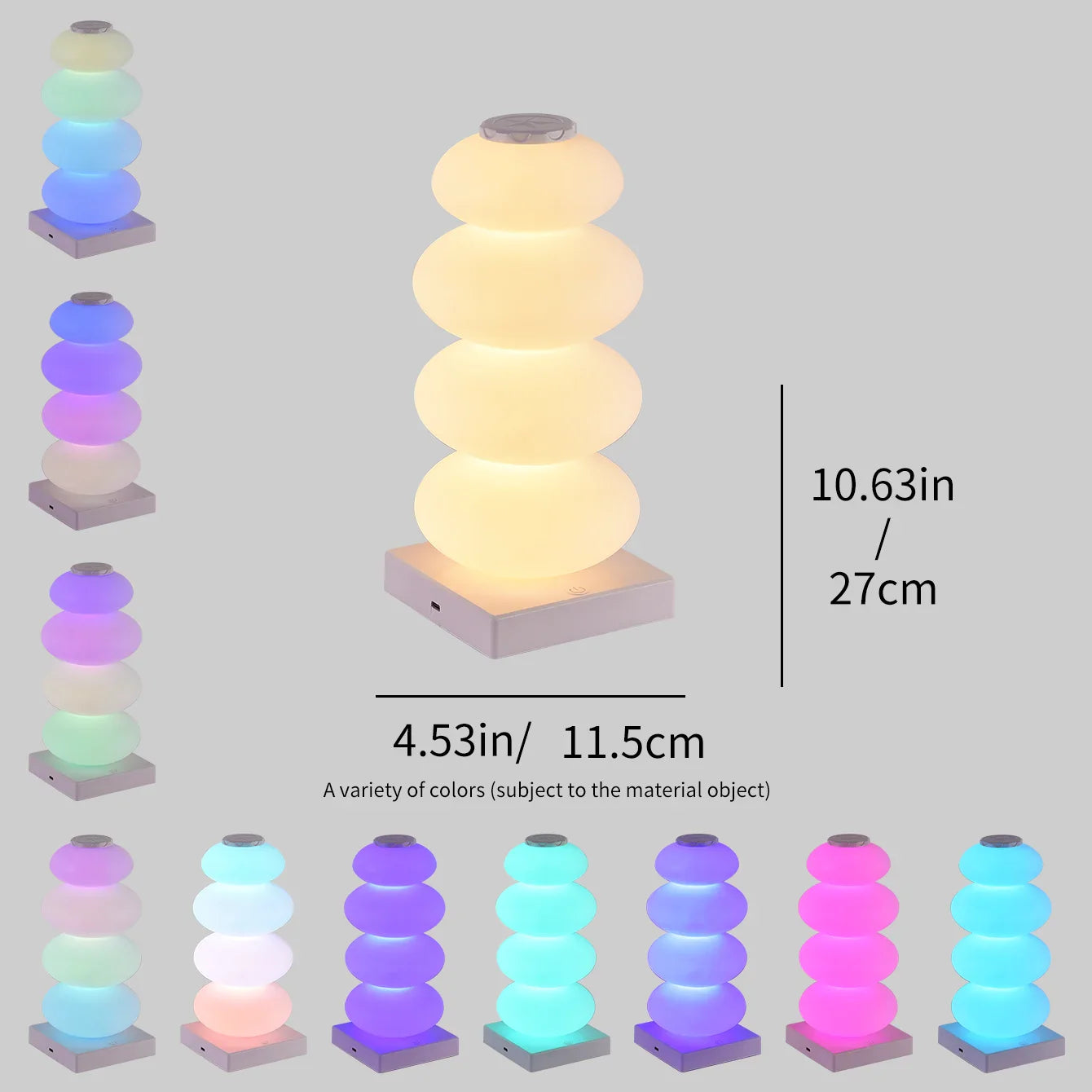 Stacked cylindrical lamps with color-changing feature and measurements on a gray background