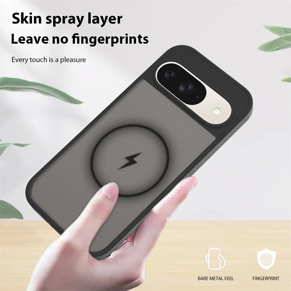 Phone case with wireless charging pad held by a hand, text about skin spray layer and fingerprint protection.