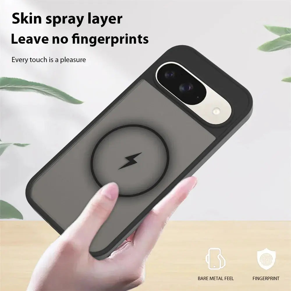 Phone case with wireless charging pad held by a hand, text about skin spray layer and fingerprint protection.