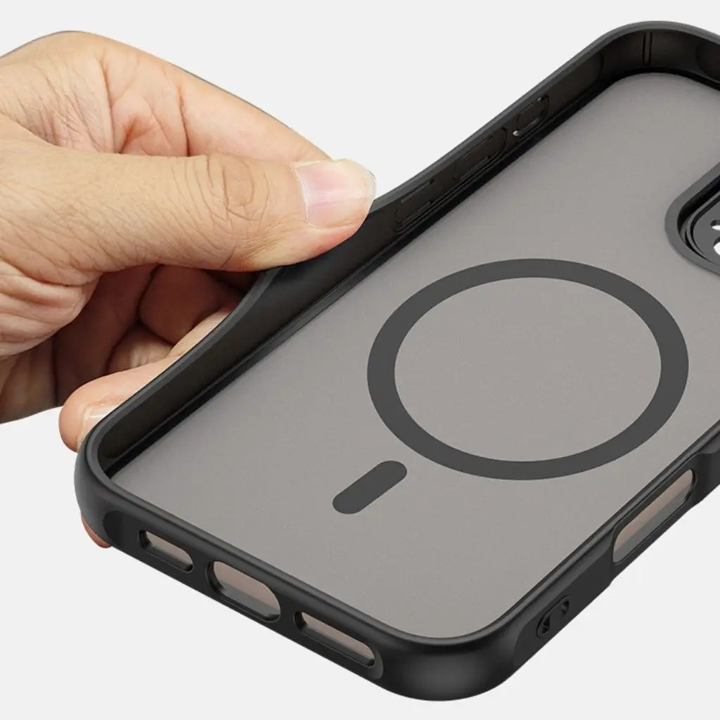 Phone case with MagSafe logo held by a hand on a light gray background