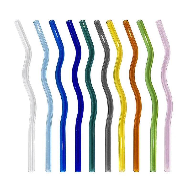 Assorted 4Pcs Wavy Glass Straws Shatter-Resistant in multiple colors, ideal for eco-conscious barware and reusable drinkware collections.