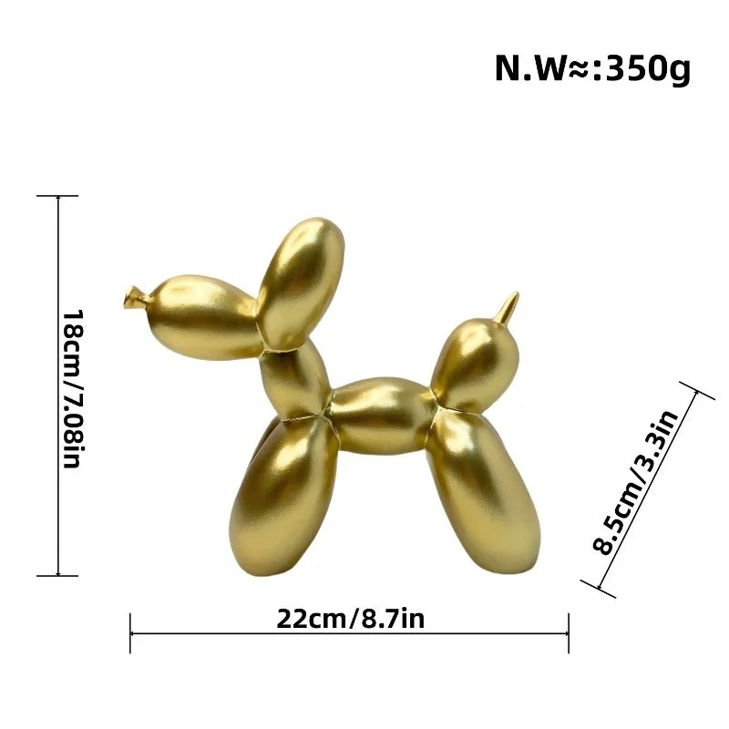 Gold balloon dog sculpture with measurements on a white background