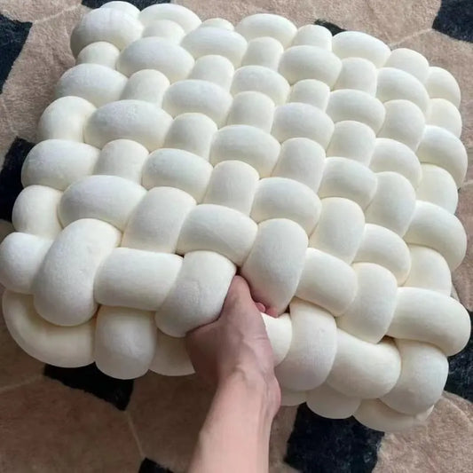 White & Caramel Soft White & Green Soft Hand-woven Knotted Cushion