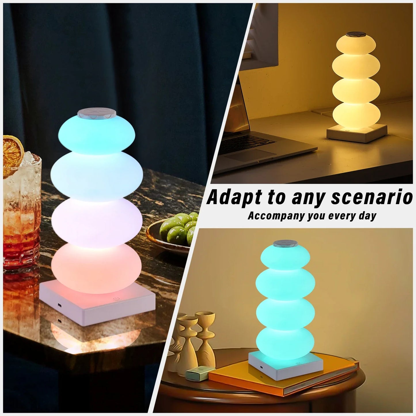 Stacked cylindrical lamps in various colors on a table with text 'Adapt to any scenario Accompany you every day'.