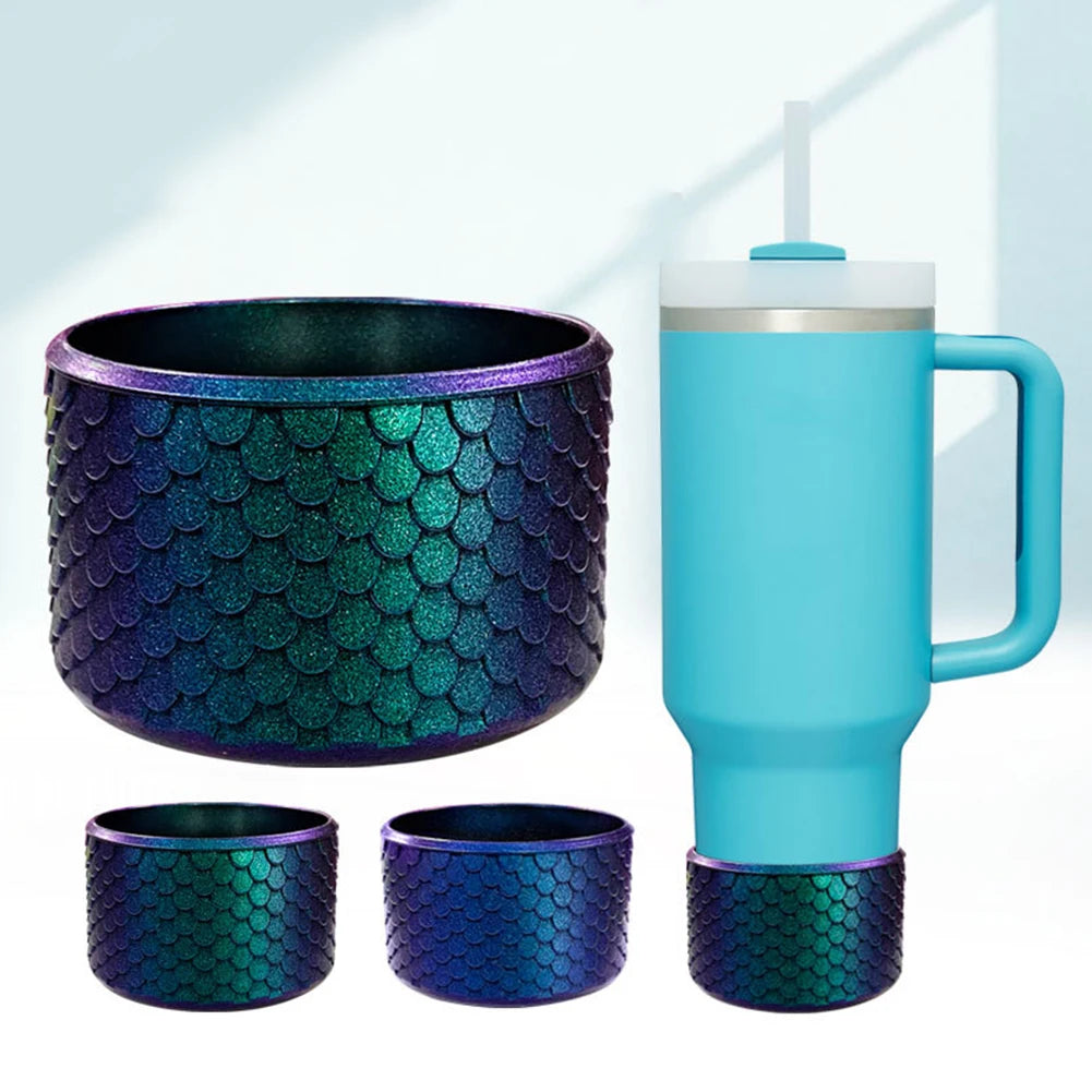 Stanley Set of mermaid scale-patterned tumblers and a blue mug with handle on a white background