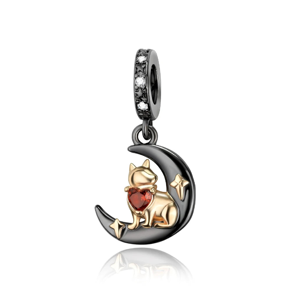 Jewelry charm with a cat on a moon, red heart, and black background. pandora style charm pendant. witches, gothic