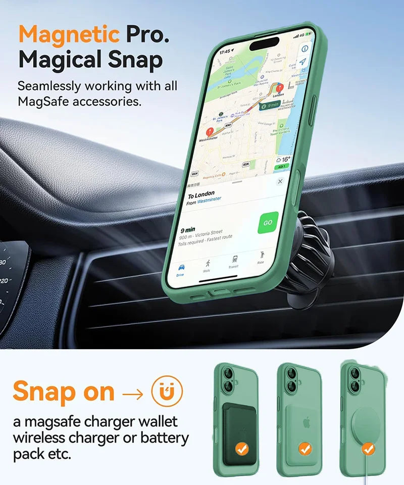 Smartphone in a magnetic car mount with app on screen, placed on a car dashboard.