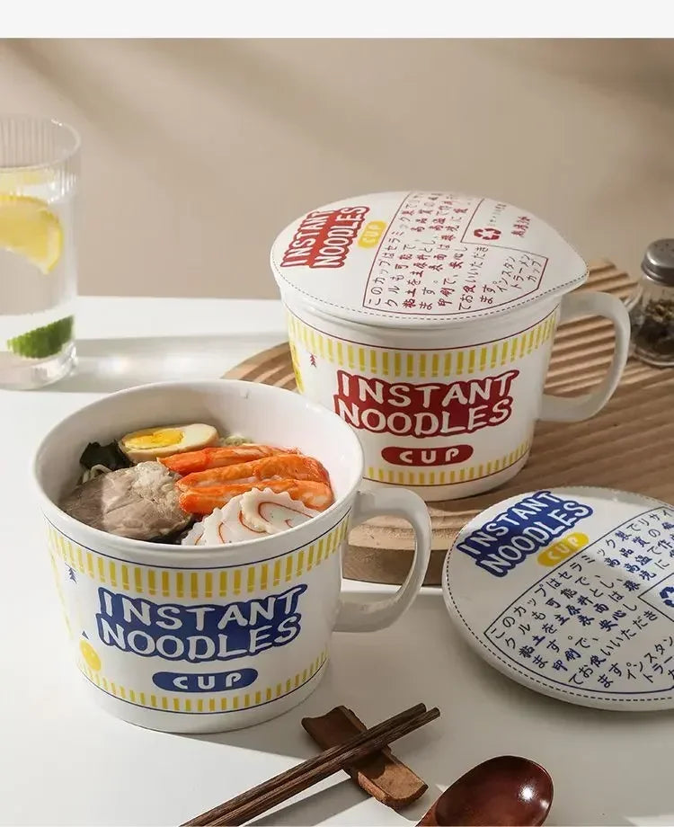 Large ceramic noodle bowls with lids, filled with ramen and toppings. Great for stylish and practical noodle serving.