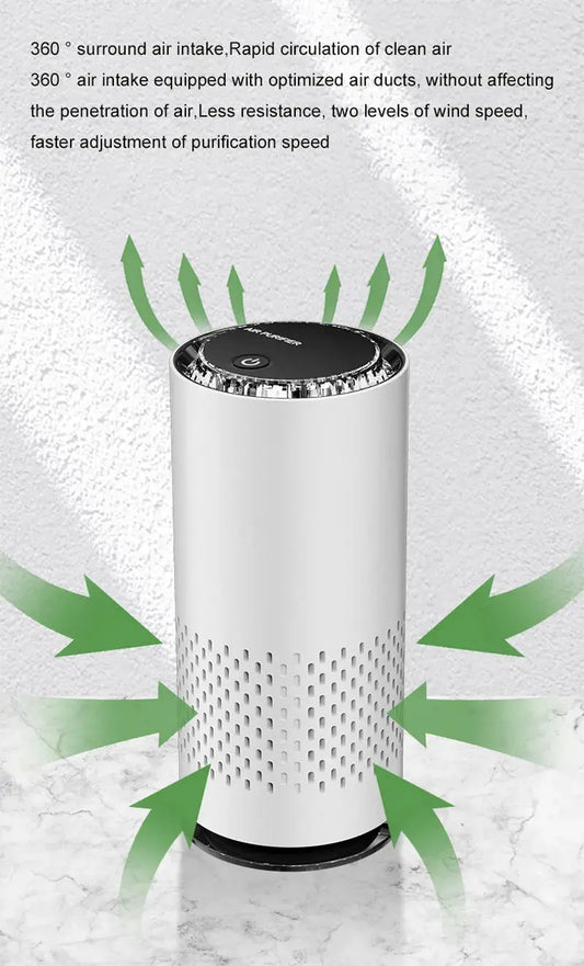 Air purifier with text about air intake and purification on a light gray background