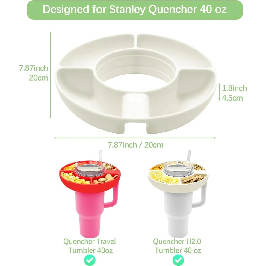 Stanley cup tray White drink holder with measurements and compatibility with Stanley Quencher tumblers.
