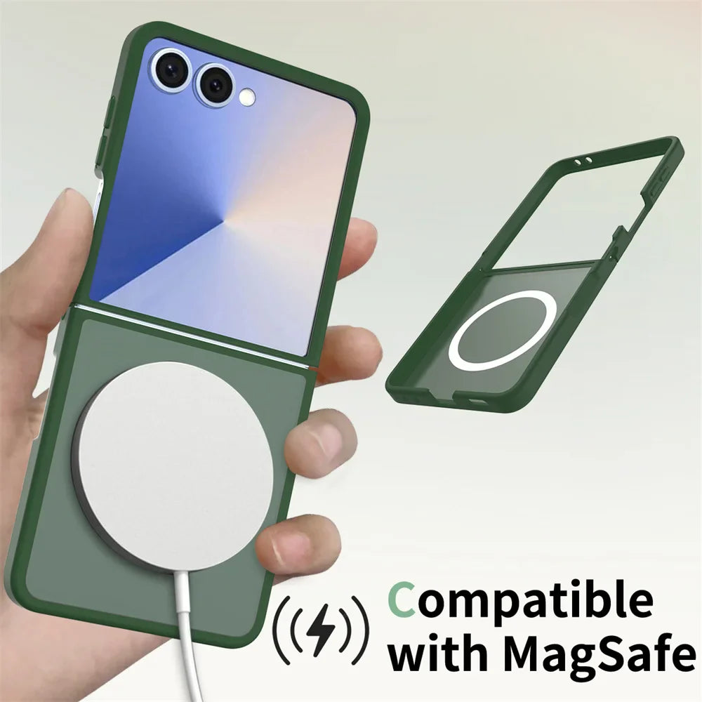 Green phone case with magnetic charging pad held by a hand, compatible with MagSafe.