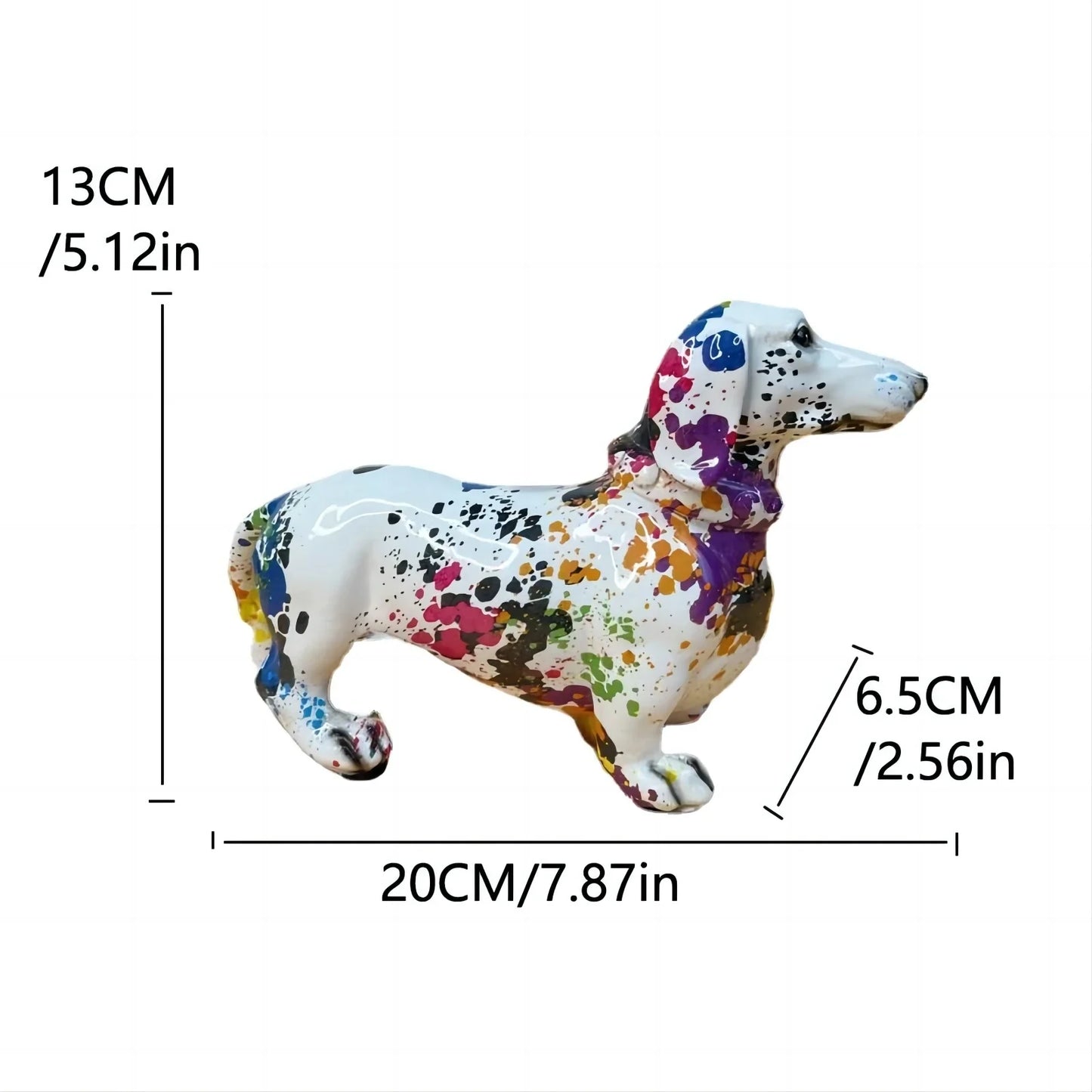 Colorful dog figurine with measurements on a white background dashhound