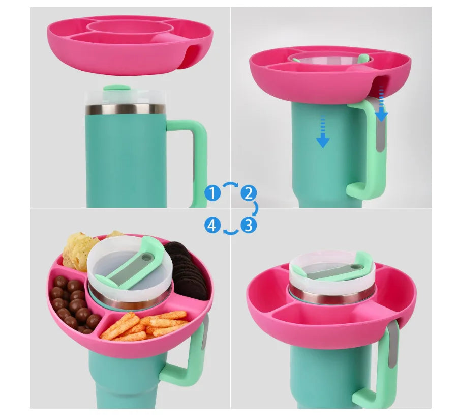 Stanley cup tray Multicolored snack container with compartments and a lid on a white background