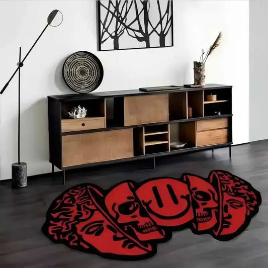 Modern living room with a black and wooden sideboard and a red and black skull-themed rug.