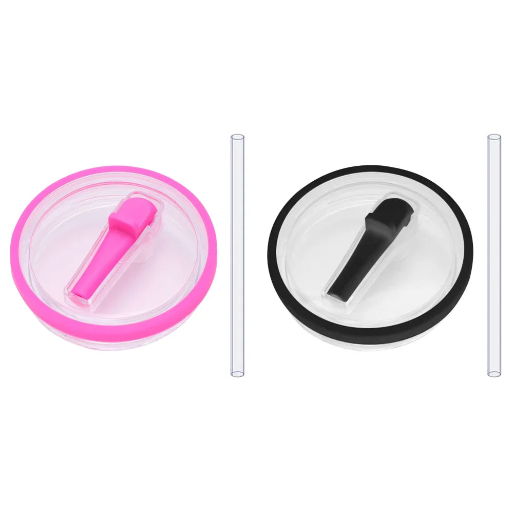 Pink and black flip straw lids with straws, reusable 40 oz tumbler lid replacements compatible with Stanley Quencher