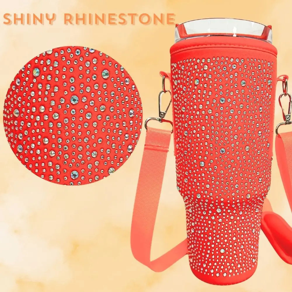 Red water bottle holder with rhinestones and a close-up of the rhinestone pattern on a beige background.