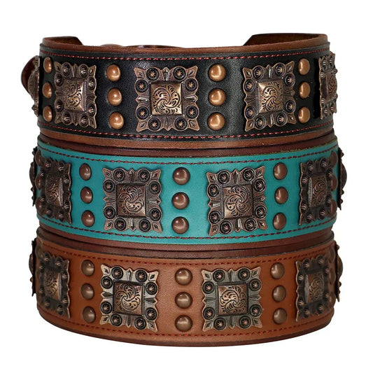 Decorative leather belt with metal studs and patterns on a white background