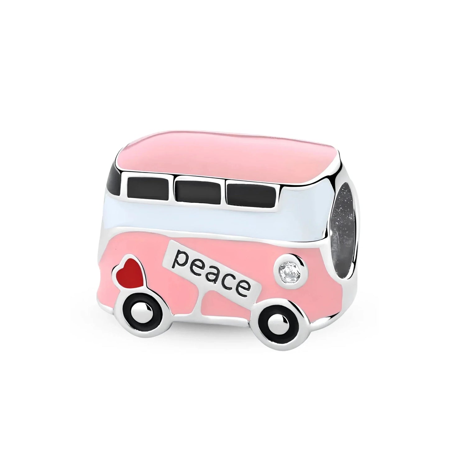 Pink bus charm with 'peace' and heart design on a white background pandora style