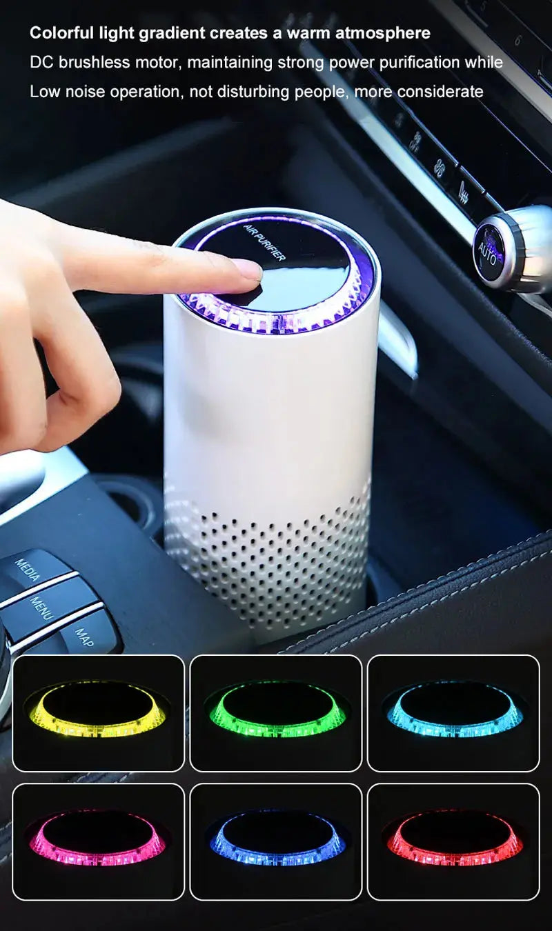 Car air freshener with colorful light gradient and text about its features.