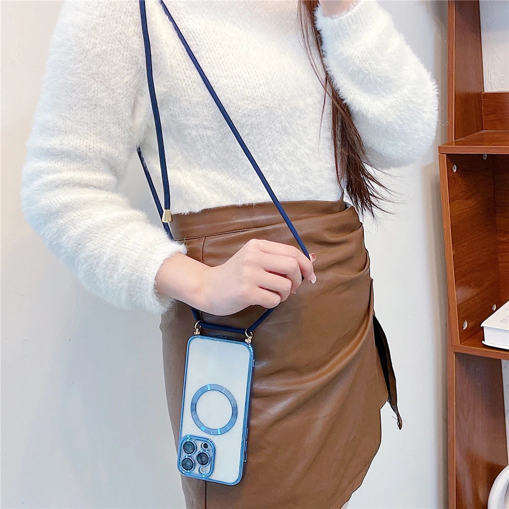 Person holding a phone case with a blue strap against a neutral background